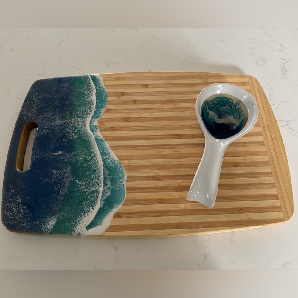 Bamboo Cutting Board & Matching Spoon Rest with Ocean Resin Art